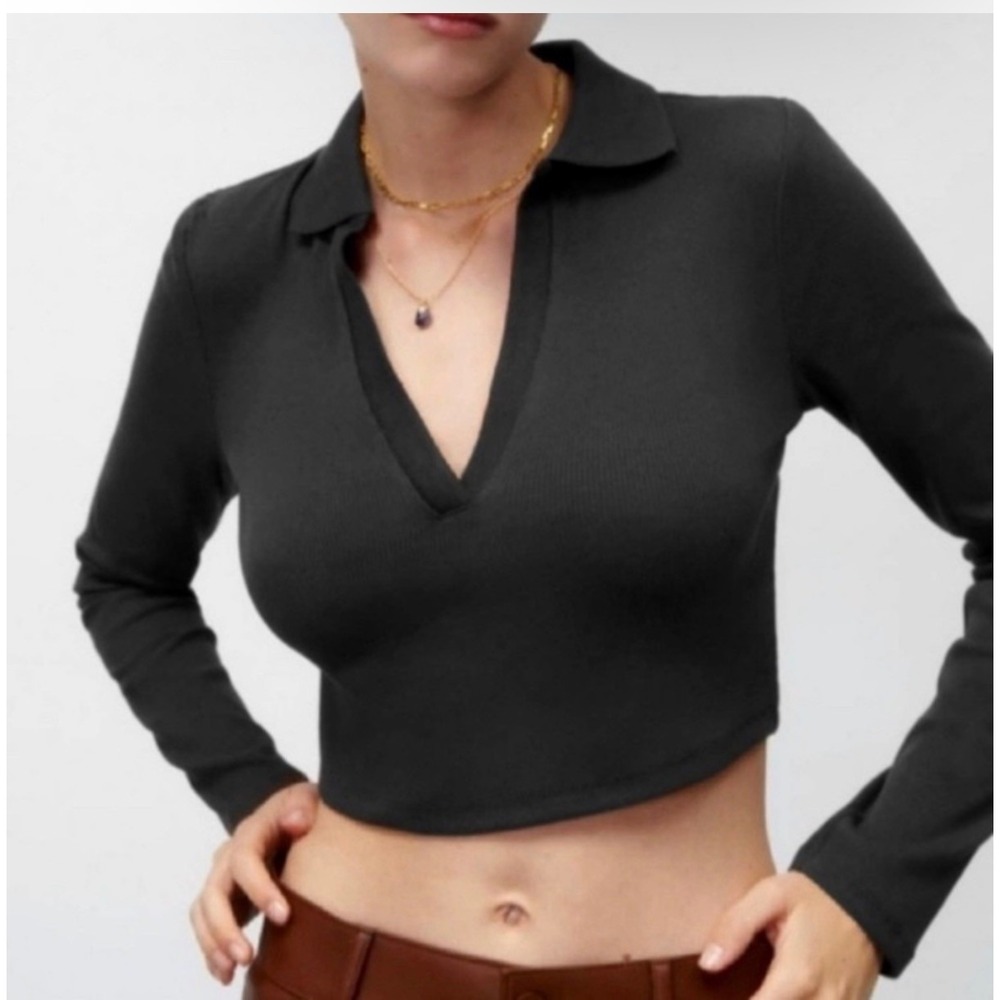 Zara Black Ribbed Long Sleeve Cropped Polo V-Neck Shirt Womens Size Large